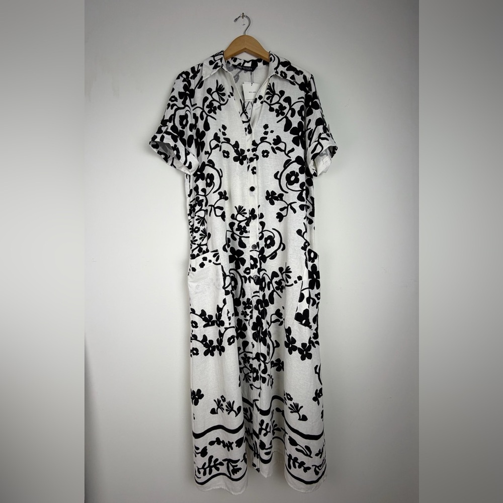 Linen Blend Zara Shirt Dress Minimalist Black White Print Button Down Pockets XL - Picture 6 of 16